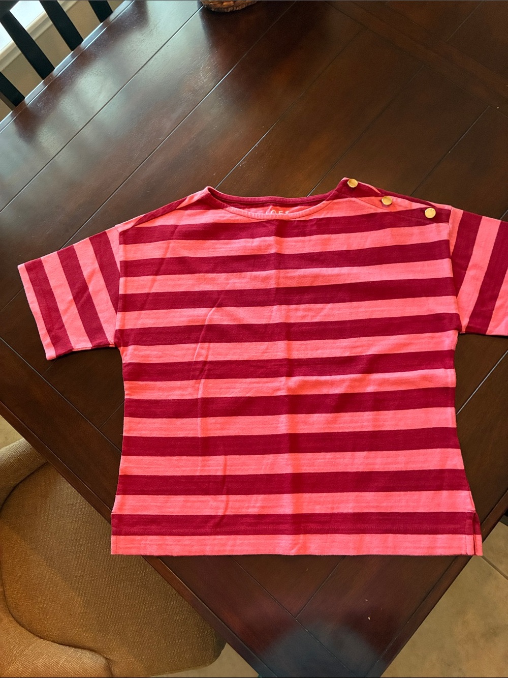 LOFT Pink and Red Striped Short Sleeve Tee with Shoulder Buttons